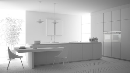 Total white project of modern clean contemporary kitchen, island and wooden dining table with chairs, bamboo and potted plants, big window and parquet floor, minimalist interior design