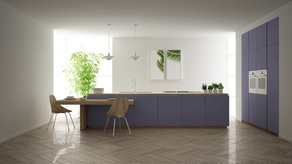 Modern clean contemporary purple kitchen, island and wooden dining table with chairs, bamboo and potted plants, big window and herringbone parquet floor, minimalist interior design