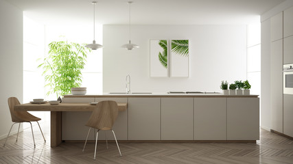 Modern clean contemporary white kitchen, island and wooden dining table with chairs, bamboo and potted plants, big window and herringbone parquet floor, minimalist interior design