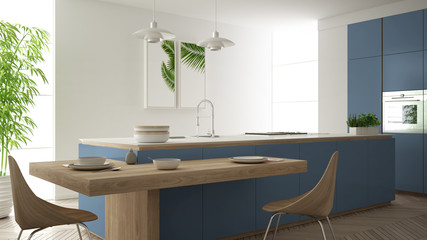 Modern clean contemporary blue kitchen, island and wooden dining table with chairs, bamboo and potted plants, big window and herringbone parquet floor, minimalist interior design