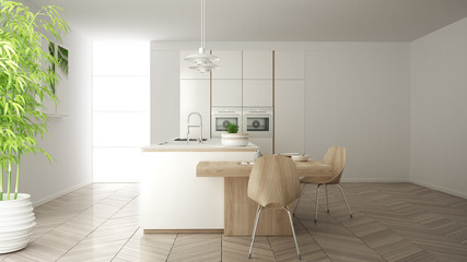Modern clean contemporary white kitchen, island and wooden dining table with chairs, bamboo and potted plants, big window and herringbone parquet floor, minimalist interior design