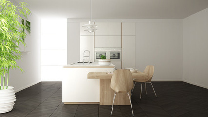 Modern clean contemporary white kitchen, island and wooden dining table with chairs, bamboo and potted plants, big window and herringbone parquet floor, minimalist interior design