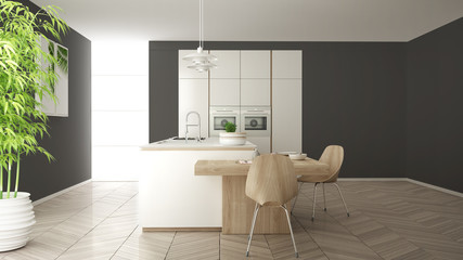 Modern clean contemporary white kitchen, island and wooden dining table with chairs, bamboo and potted plants, big window and herringbone parquet floor, minimalist interior design