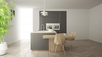 Modern clean contemporary gray kitchen, island and wooden dining table with chairs, bamboo and potted plants, big window and herringbone parquet floor, minimalist interior design