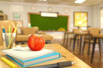 Book, pen, pencils and red apple on table in empty school classroom. 3D rendering illustration. Back to school background template