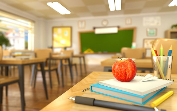 Cartoon style school elements - book, pen, pencils and red apple on desk in empty classroom. 3D rendering illustration. Back to school design template.