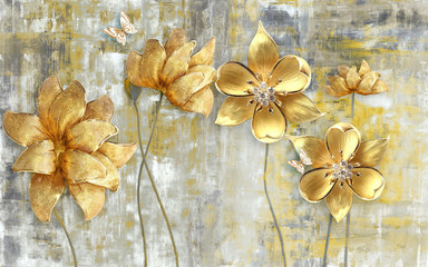 Fototapety  ilustracja 3d, szare tło grunge, duże złote kwiaty na cienkich łodygach
