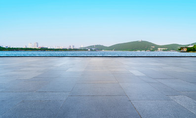 Empty Plaza Floor Bricks and Beautiful Natural Landscape