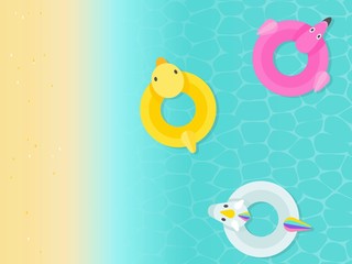 Summer Holiday, Top view of sea beach with cute swim rings