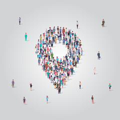people crowd gathering in location geo tag shape social media community navigation concept different occupation employees group standing together full length