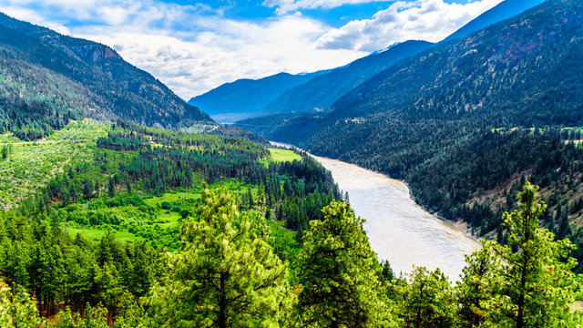Rugged Mountains along the Fraser River and the Lytton-Lillooet Highway where Highway 12 follows the river for a very scenic drive on the east bank of the Fraser River in British Columbia, Canada