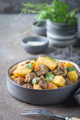 Irish stew made with beef, potatoes, carrots and herbs. Traditional St.Patrick's Day dish.