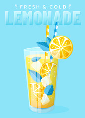 Poster with lemonade on a blue background