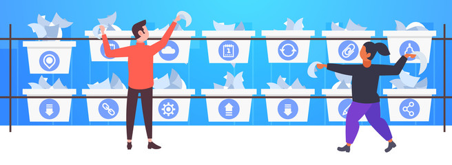 mix race couple putting paper letters in different containers mail postal delivery service concept modern post office interior flat full length horizontal