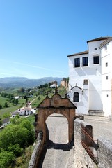 Elevated view along the old bridge towards the Philip V arch with the Holy Ghost church in the...