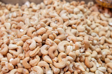 Backround of roasted cashew nuts sold at city market