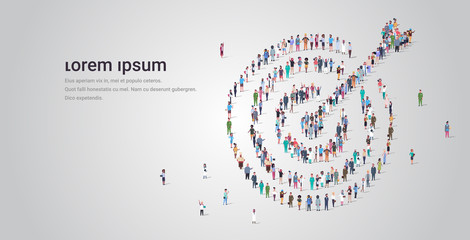 people crowd gathering in shape of target with arrow icon social media community goal competition achievement concept different occupation employees group standing together full length horizontal copy