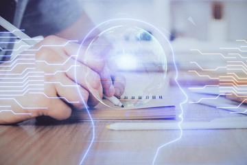 Brain multi exposure icon with man hands background.