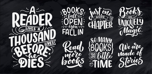 Set with abstract lettering about books and reading for poster design. Handwritten letters. Typography funny quotes. Vector