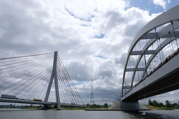 Poland, Gdansk - two bridges - train bridge and cable-stayed bridge on the Vistula river.