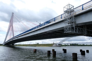 Poland, Gdansk - two bridges - train bridge and cable-stayed bridge on the Vistula river.