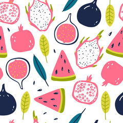 Abstract seamless pattern with tropical and exotic fruits isolated on white background. Hand drawn style.