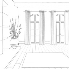 3d illustration. Sketch of large hall