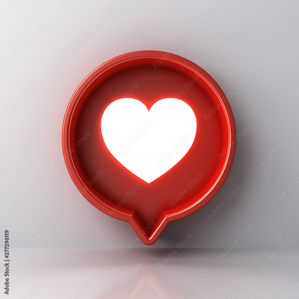 Aufkleber 3d social media notification light like heart icon in red round speech bubble box pin isolated on white wall background with shadow and reflection 3D rendering
