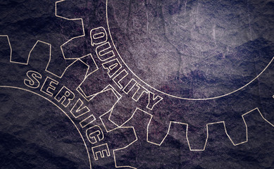 Quality and Service text on the Mechanism of Gears. Communication Concept in Industrial Design. Modern brochure design template