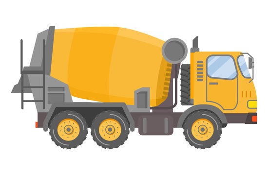 Concrete mixer truck.Construction equipment. Tipper car side view. Commercial truck.Vehicles freight transportation.Isolated flat vector.Industrial transport.Yellow lorry .