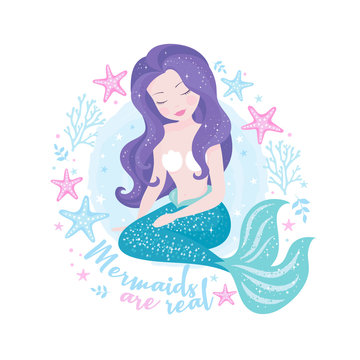 Beautiful mermaid with purple hair on white background for t shirts or kids fashion artworks, children books. Fashion illustration drawing in modern style. Cute Mermaid. Girl print.