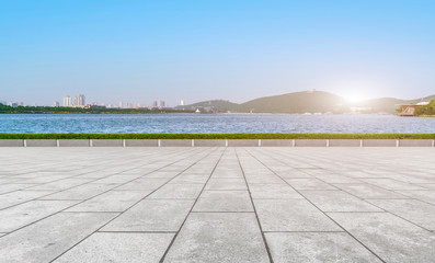 Empty Plaza Floor Bricks and Beautiful Natural Landscape