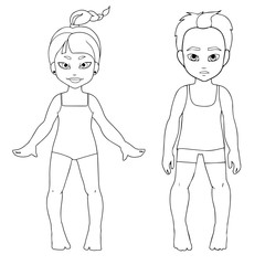 Cute children on summer vacation. Black and white characters in cartoon style.