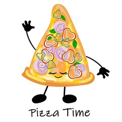 pizza is a cute character with a face. Slice pizza on a plate. Yellow background. For your company, pizzeria, restaurant logo for decorating the menu and cards.