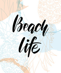 Fototapeta premium Light pastel summer design with pineapples, hand lettering and textured stains. Vector illustration.
