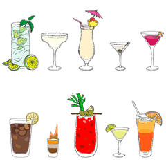 10 most famous cocktails of the world: mojito, bloody mary, daiquiri, cosmopolitan, long island, margarita, martini dry, pina colada, sex on the beach, flaming b-52 Vector illustration