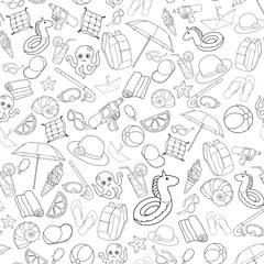 Seamless pattern summer beach elements for kids. Illustration isolated on white background. Kindergarten or school vacation. Doodle vector icons and patterns.