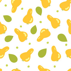 Vector seamless pattern with yellow pears on white background. Illustration cute cartoon style. Vector print for fabric and wallpaper. Vegan, farm, natural food background