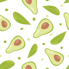 Avocado seamless pattern. Vector seamless pattern with avocado on white background. Illustration cute cartoon style. Vector print for fabric and wallpaper. Vegan, farm, natural food background