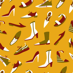 Seamless Pattern with Different Doodle Shoes. Hand Drawn Vector Illustration