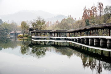 The beautiful landscape scenery of Xihu West Lake and pavilion in Winter at Hangzhou CHINA.