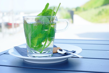 Hot herbal mint tea drink in glass mug with fresh garden mint served with waffle on saucer over wooden table