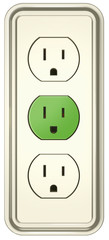 An electrical wall outlet on a white background. The one in the middle is green and shows a happy face, the other two seem sad. A metaphor for green energy. Clipping path included.
