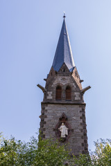 Fototapeta na wymiar Top of Roof of main protestant Church, Christuskirche, in Meran. Merano. Province Bolzano, South Tyrol, Italy. Europe.
