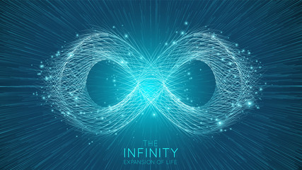 Infinity expansion of life. Vector infinity sign explosion background. Small particles strive out of center. Blurred debrises into rays or lines under high speed of motion. Burst, explosion backdrop. - obrazy, fototapety, plakaty