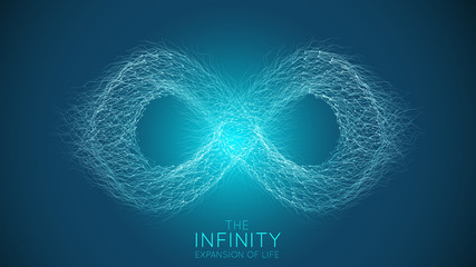 Infinity expansion of life. Vector infinity sign explosion background. Small particles strive out of center. Blurred debrises into rays or lines under high speed of motion. Burst, explosion backdrop. - obrazy, fototapety, plakaty