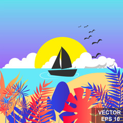 Fototapeta na wymiar Summer landscape. Bright background. Modern stylish design. Palm trees. Sea. vacation. For printing on cards.