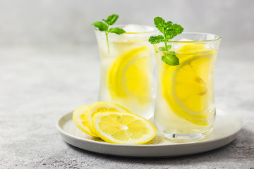 Iced lemon mint tea with ginger and honey. Selective focus, space for text.