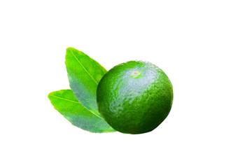 Limes and two leaves isolated on white background.