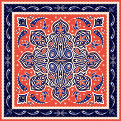 Indian paisley pattern vector. Oriental medallion mandala print. Floral silk scarf fabric. Vintage ethnic ornament. Damask flower design for women bandana textile, boho rug, gypsy pillow.